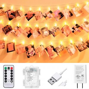 VNSG 40 LED Photo Clip String Lights for Bedroom Wall Decor┃Battery or Plug In┃Fairy Lights to Hang Pictures Christmas Cards, Wedding Photos┃20ft Soft White┃Photo Lights with Clips for Picture Hanging
