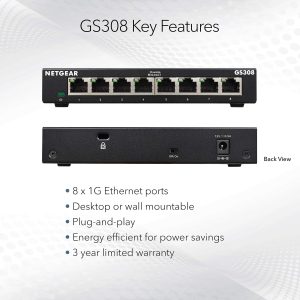 NETGEAR 8-Port Gigabit Ethernet Unmanaged Switch (GS308) – Home Network Hub, Office Ethernet Splitter, Plug-and-Play, Silent Operation, Desktop or Wall Mount