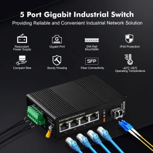 MokerLink 5 Port Gigabit Industrial DIN-Rail Network Switch, 4 Gigabit Ethernet, 1 Gigabit SFP Slot with 20KM LC Module, IP40 Rated Network Switch (-40 to 185°F), with UL Power Supply