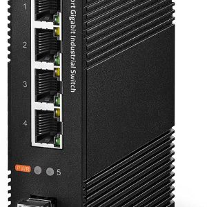 MokerLink 5 Port Gigabit Industrial DIN-Rail Network Switch, 4 Gigabit Ethernet, 1 Gigabit SFP Slot with 20KM LC Module, IP40 Rated Network Switch (-40 to 185°F), with UL Power Supply