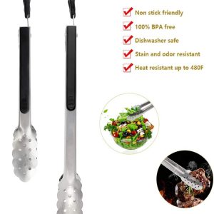 harmiey Kitchen Tongs, 2 packs Barbecue Tongs (9” and 12”) Stainless Steel Cooking Tongs Heat Resistant Handle Smart Locking Clip Non-Slip for BBQ, Salad, Grill, Fry, Serving