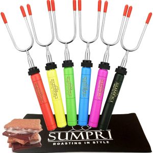 SUMPRI Marshmallow Roasting Sticks, Smores Skewers Telescoping Rotating Forks Set of 6 Hot Dog Fire Pit Outdoor Fireplace Campfire Accessories-6 Multicolored 34 Inch Extendable Steel Fork Camping Kit